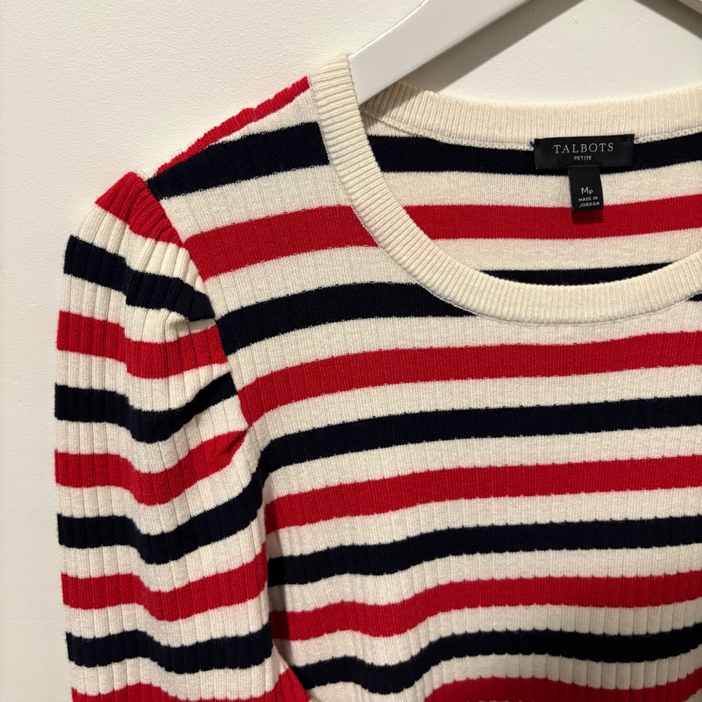 Talbots Striped Red and Black Women's spring top with puffed sleeves